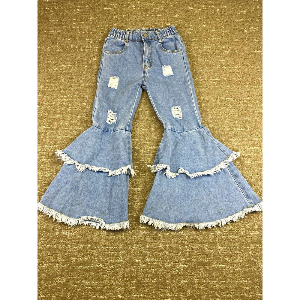 SHEIN Girl Flared Denim Jeans Size 9Y Light Wash ruffle Fringe Hem Elastic Waist